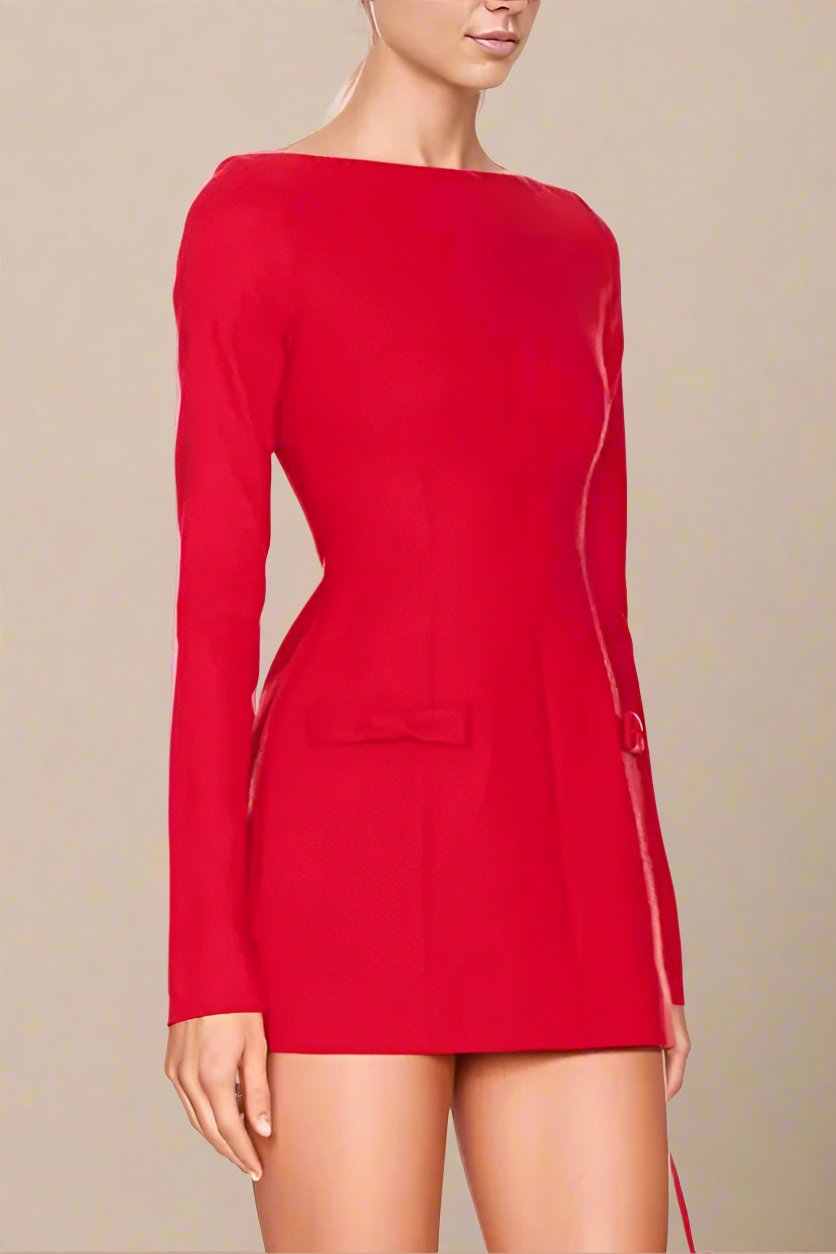 Woman wearing a figure flattering Zena Long Sleeve Bodycon Mini Dress - Lipstick Red BODYCON COLLECTION