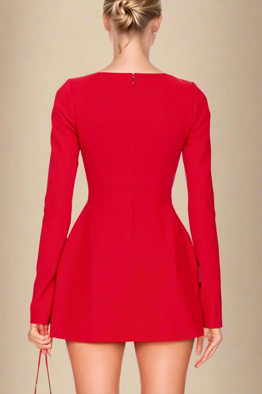 Woman wearing a figure flattering Zena Long Sleeve Bodycon Mini Dress - Lipstick Red BODYCON COLLECTION