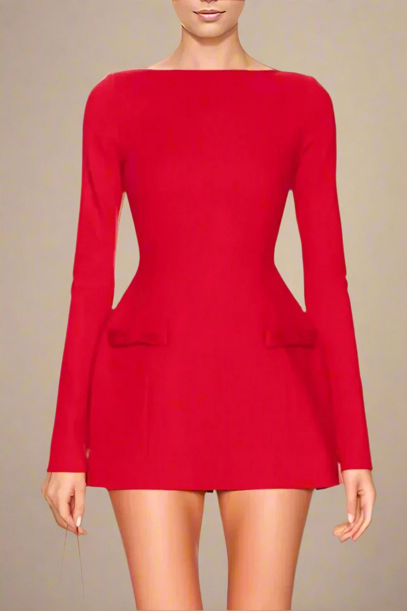 Woman wearing a figure flattering Zena Long Sleeve Bodycon Mini Dress - Lipstick Red BODYCON COLLECTION
