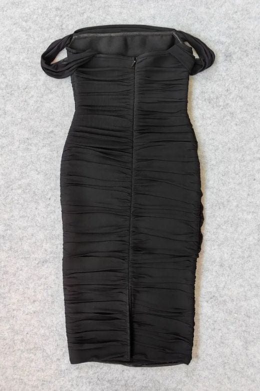 Woman wearing a figure flattering Zia Bodycon Wrap Midi Dress - Classic Black Bodycon Collection