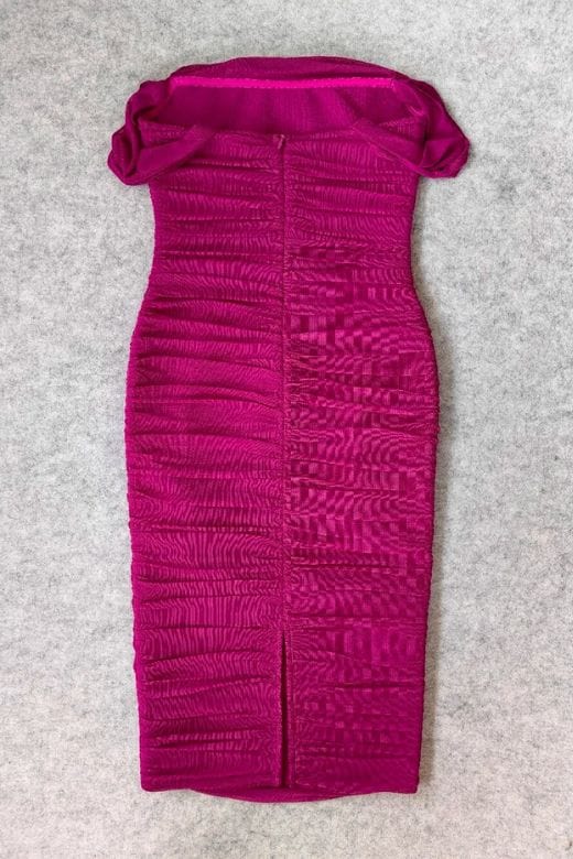 Woman wearing a figure flattering Zia Bodycon Wrap Midi Dress - Magenta Pink Bodycon Collection
