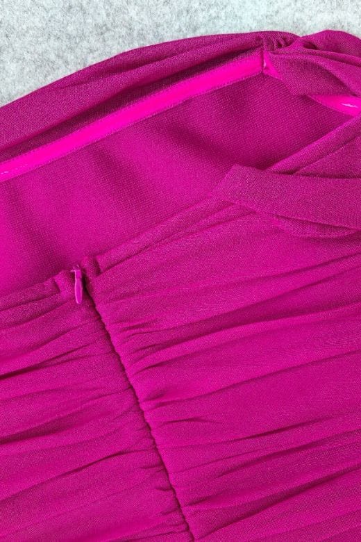 Woman wearing a figure flattering Zia Bodycon Wrap Midi Dress - Magenta Pink Bodycon Collection