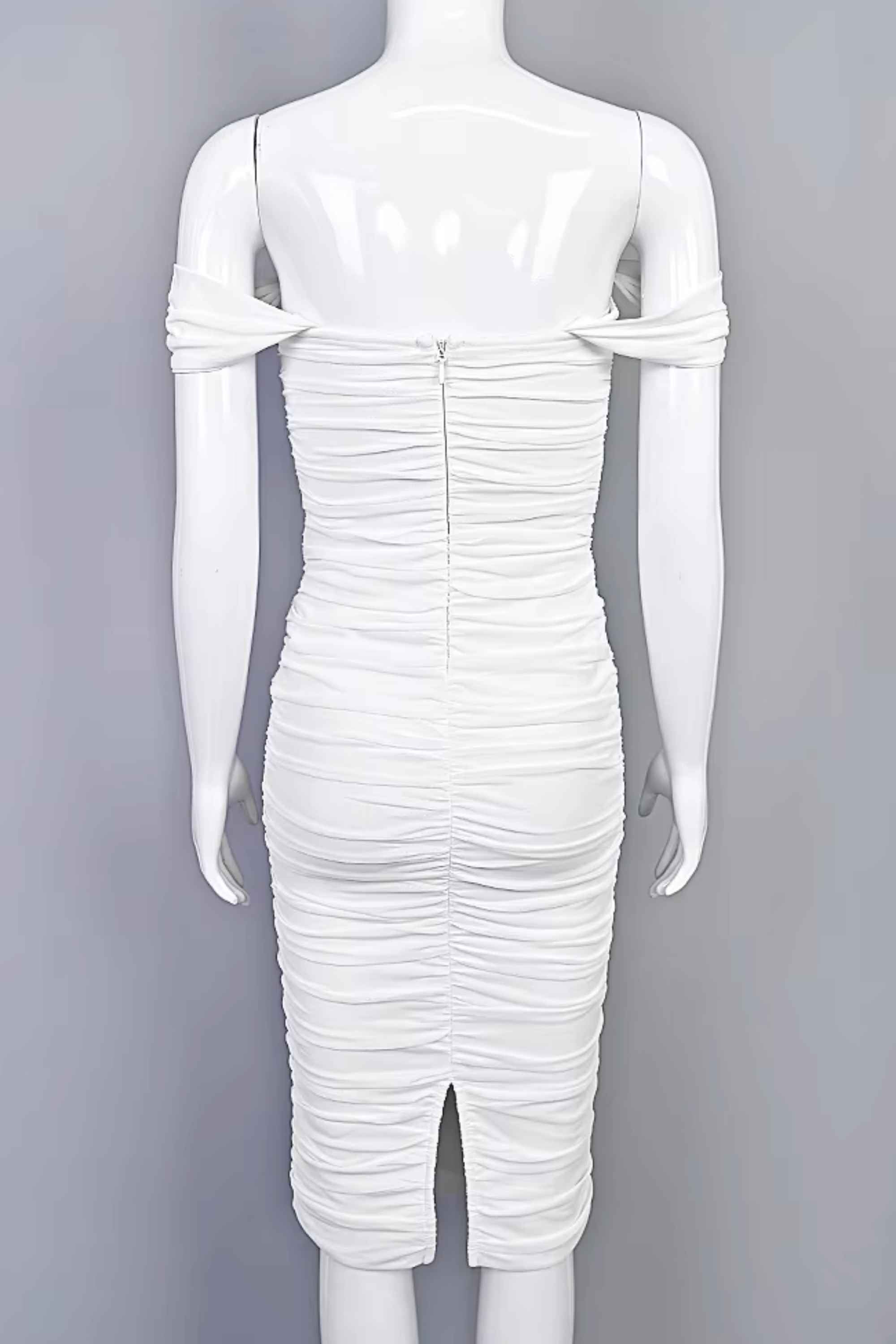 Woman wearing a figure flattering Zia Bodycon Wrap Midi Dress - Pearl White Bodycon Collection