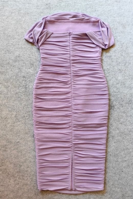 Woman wearing a figure flattering Zia Bodycon Wrap Midi Dress - Violet Purple Bodycon Collection