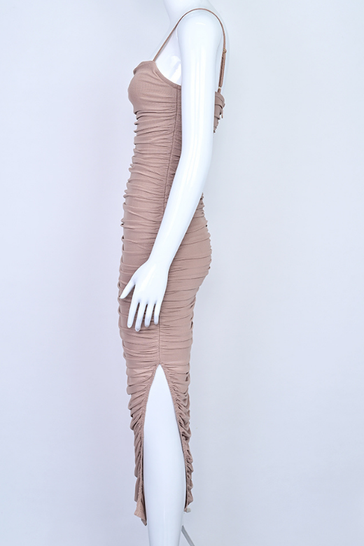 Woman wearing a figure flattering Zoe Bodycon Wrap Maxi Dress - Tan Brown Bodycon Collection