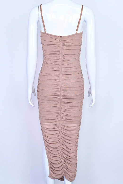 Woman wearing a figure flattering Zoe Bodycon Wrap Maxi Dress - Tan Brown Bodycon Collection