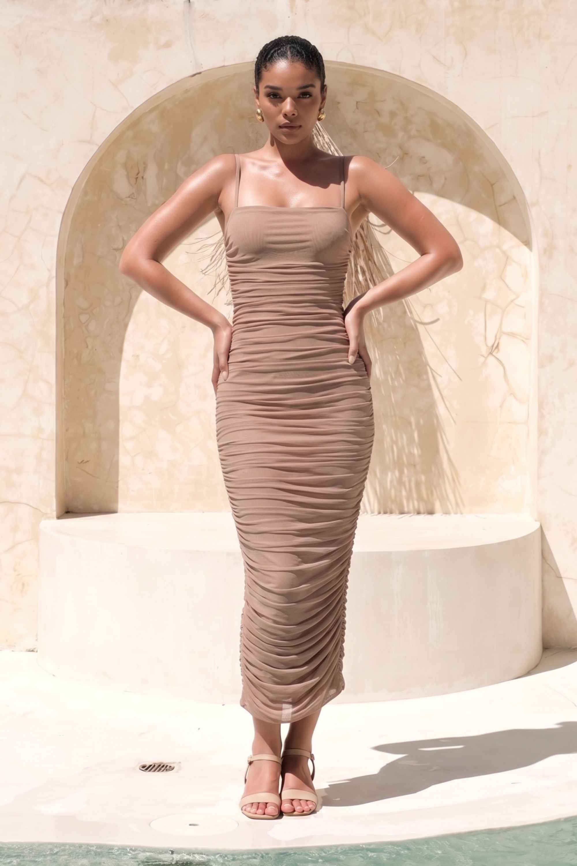 Woman wearing a figure flattering Zoe Bodycon Wrap Maxi Dress - Tan Brown Bodycon Collection