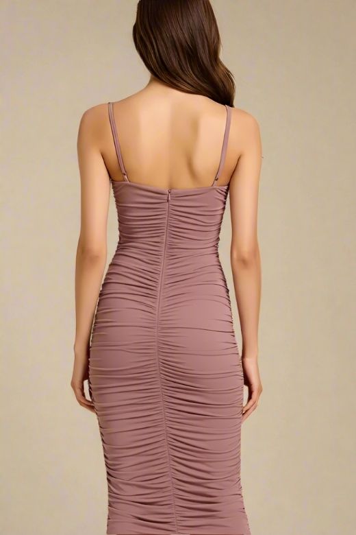 Woman wearing a figure flattering Zoe Bodycon Wrap Maxi Dress - Tan Brown Bodycon Collection