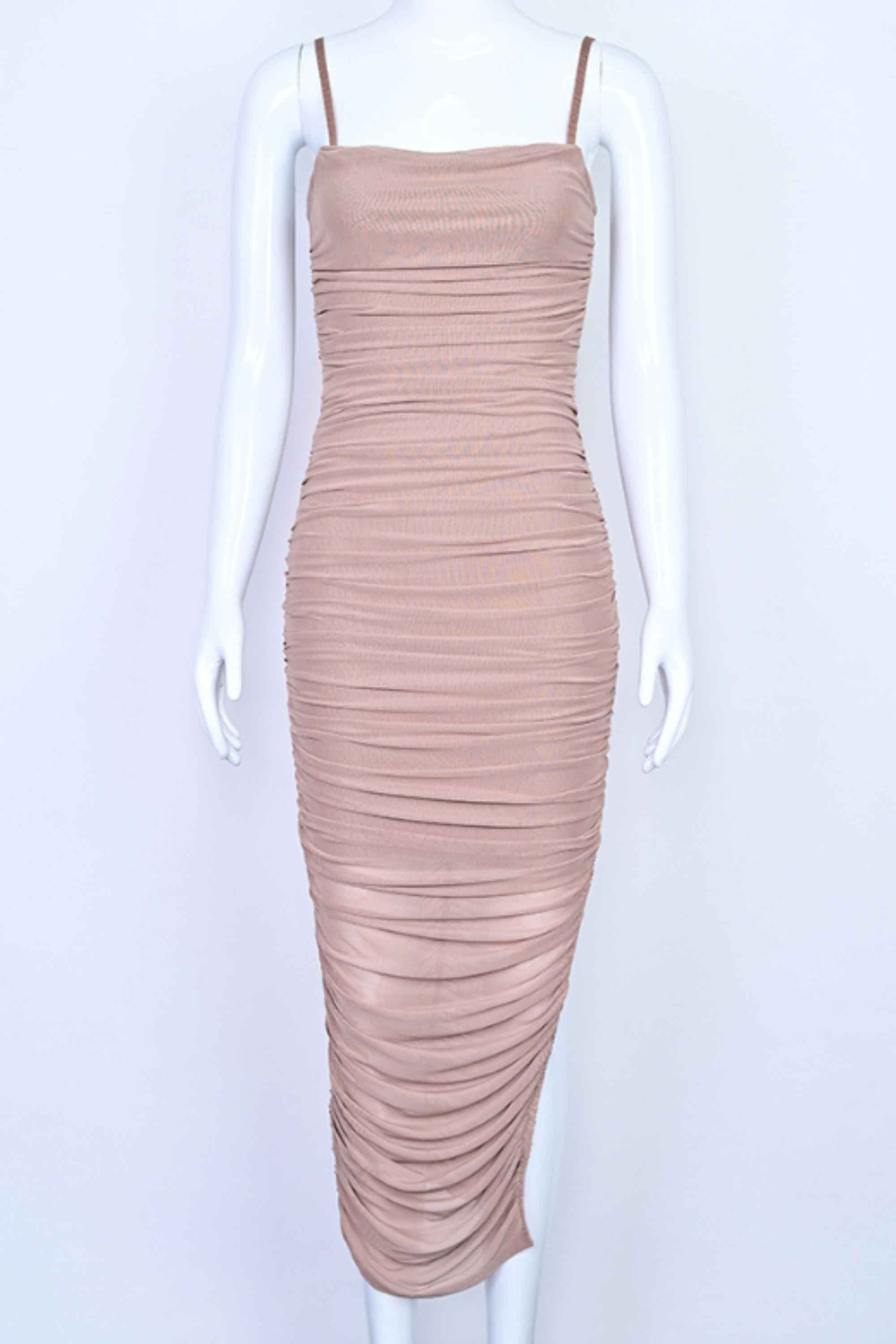 Woman wearing a figure flattering Zoe Bodycon Wrap Maxi Dress - Tan Brown Bodycon Collection