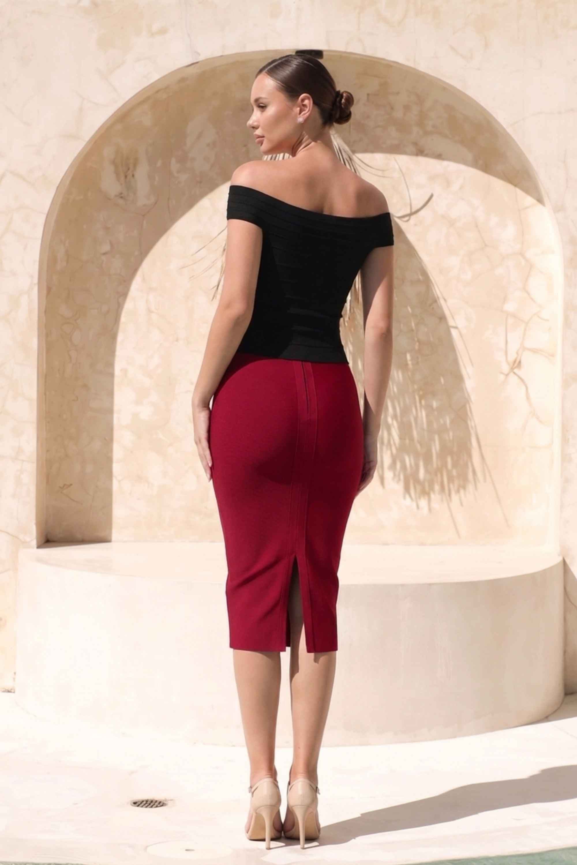 Pencil High Waist Bandage Midi Skirt - Red Wine