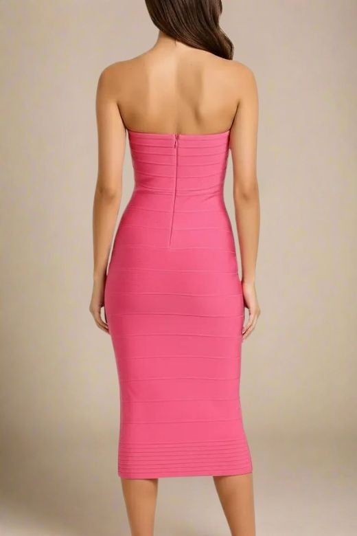 Woman wearing a figure flattering  Aaliyah Bandage Midi Dress - Hot Pink BODYCON COLLECTION Pty Ltd