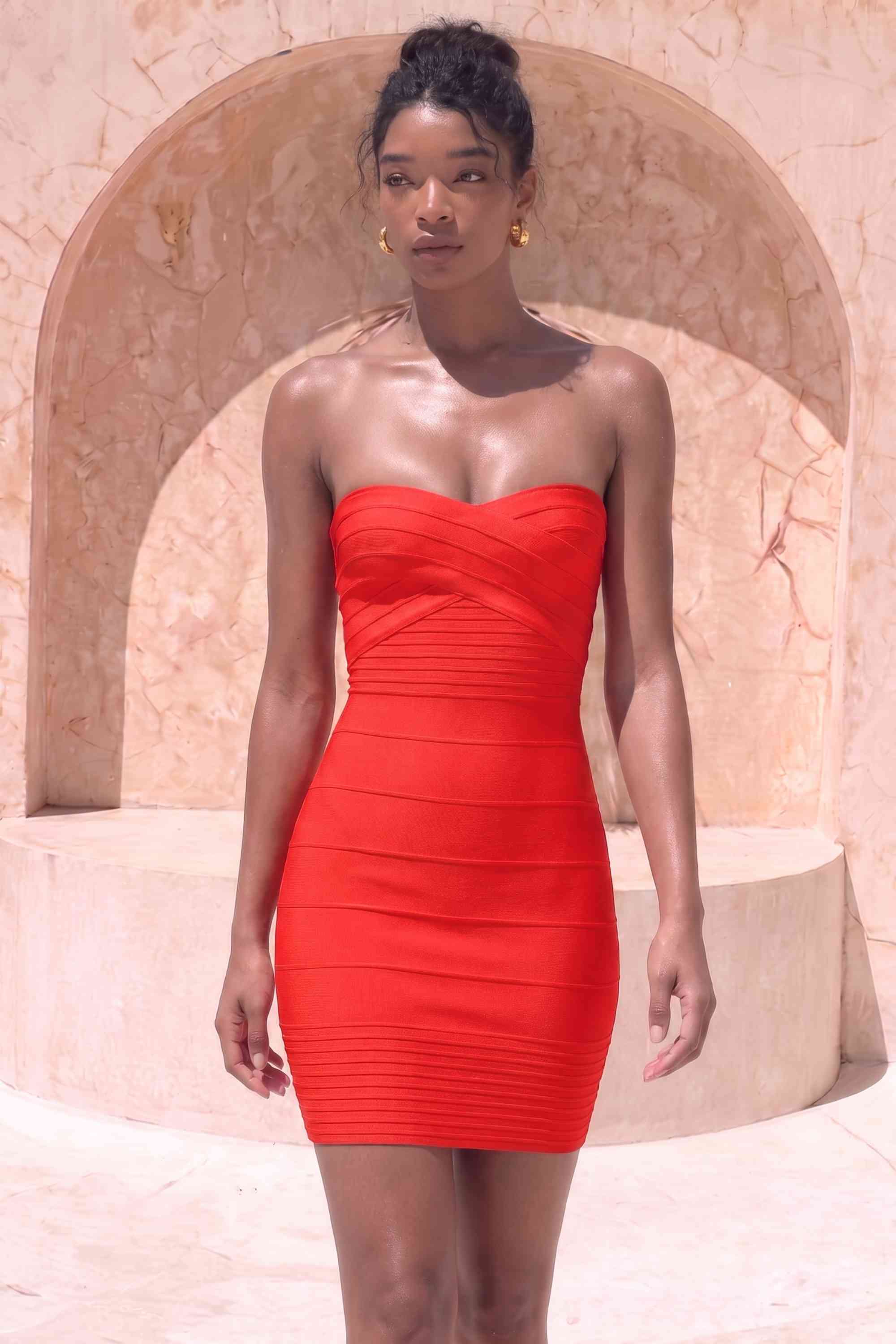 Woman wearing a figure flattering  Aaliyah Bandage Mini Dress - Lipstick Red BODYCON COLLECTION