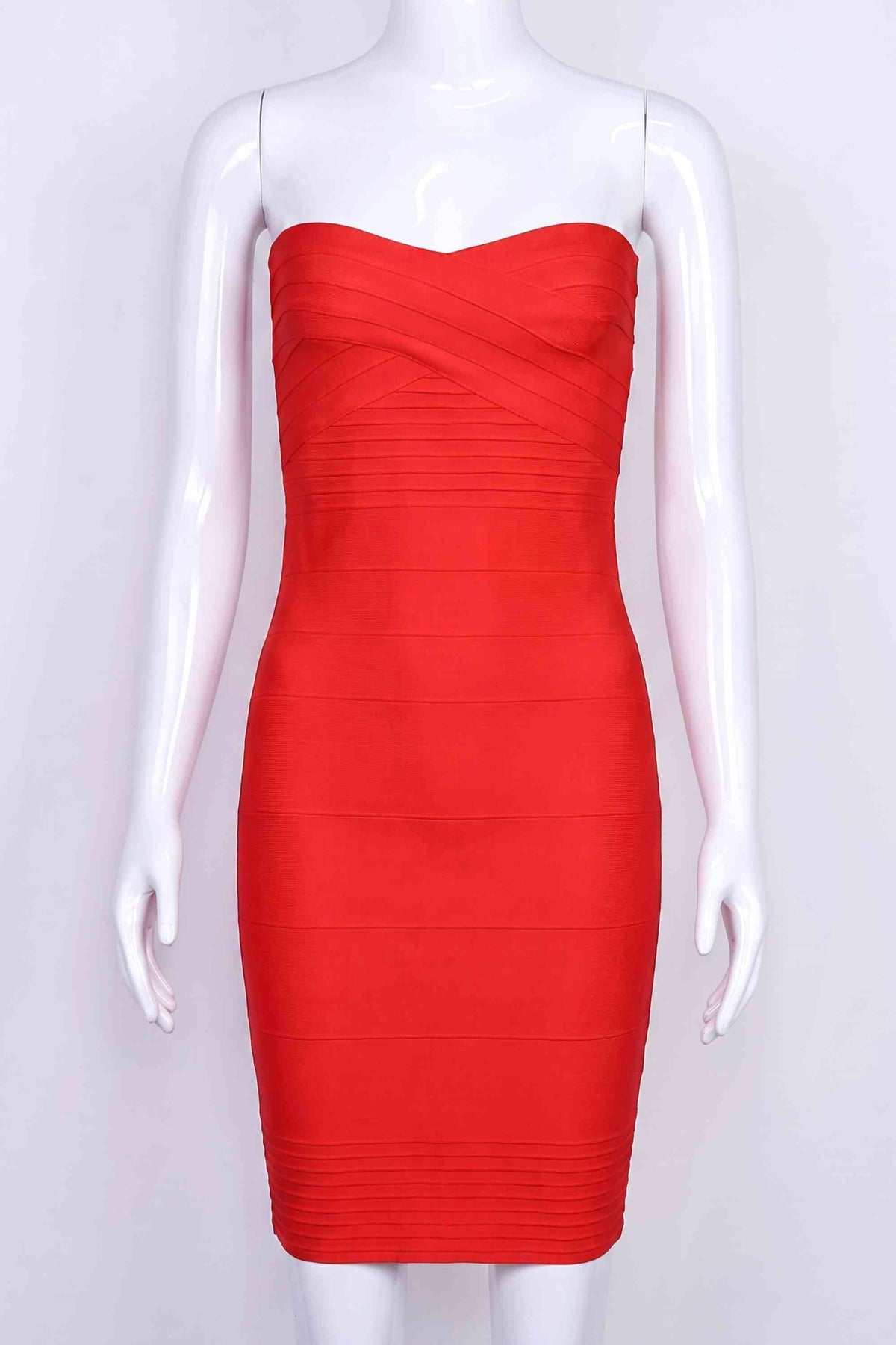 Woman wearing a figure flattering  Aaliyah Bandage Mini Dress - Lipstick Red BODYCON COLLECTION