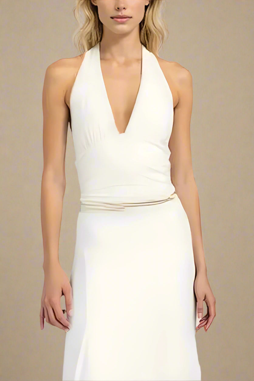 Woman wearing a figure flattering  Aby Bodycon Top - White Pearl BODYCON COLLECTION Pty Ltd