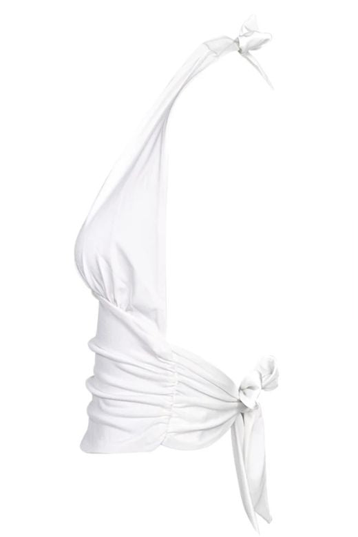 Woman wearing a figure flattering  Aby Halter Top - White Pearl BODYCON COLLECTION Pty Ltd