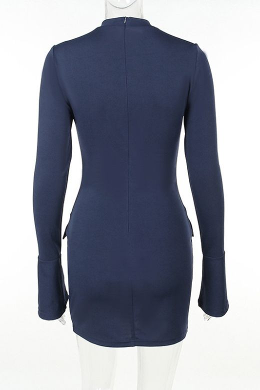 Woman wearing a figure flattering  Adrian Long Sleeve Bodycon Mini Dress - Navy Blue BODYCON COLLECTION