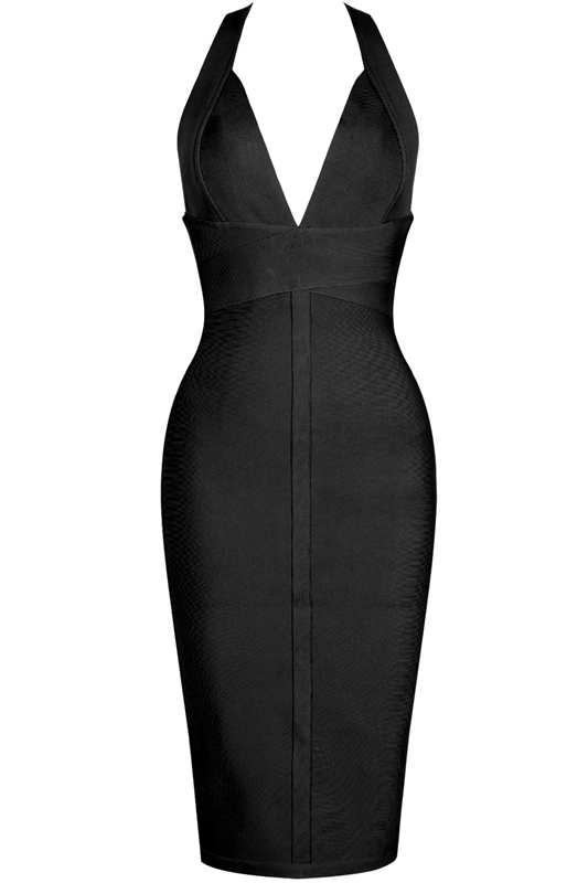 Woman wearing a figure flattering  Ali Bandage Midi Dress - Classic Black Bodycon Collection