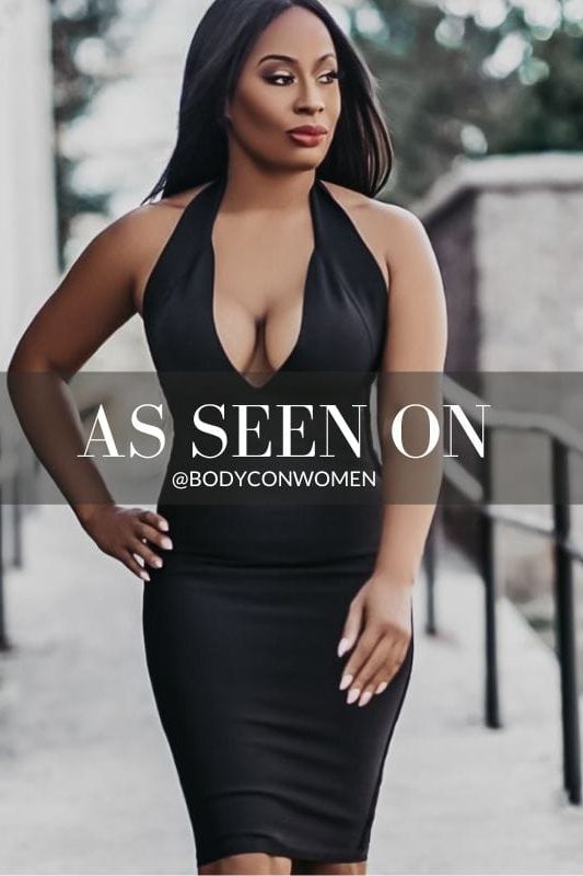 Woman wearing a figure flattering  Ali Bandage Midi Dress - Classic Black Bodycon Collection