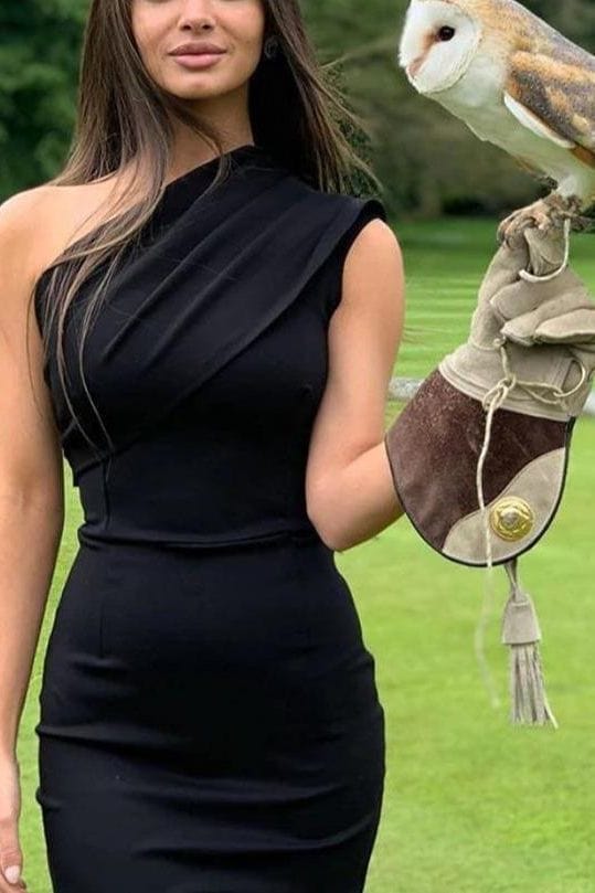 Woman wearing a figure flattering  Ally Bodycon Midi Dress - Tan Brown Bodycon Collection