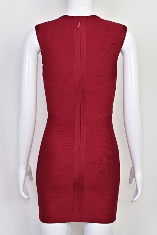 Woman wearing a figure flattering  Alora Bandage Mini Dress - Red Wine BODYCON COLLECTION Pty Ltd