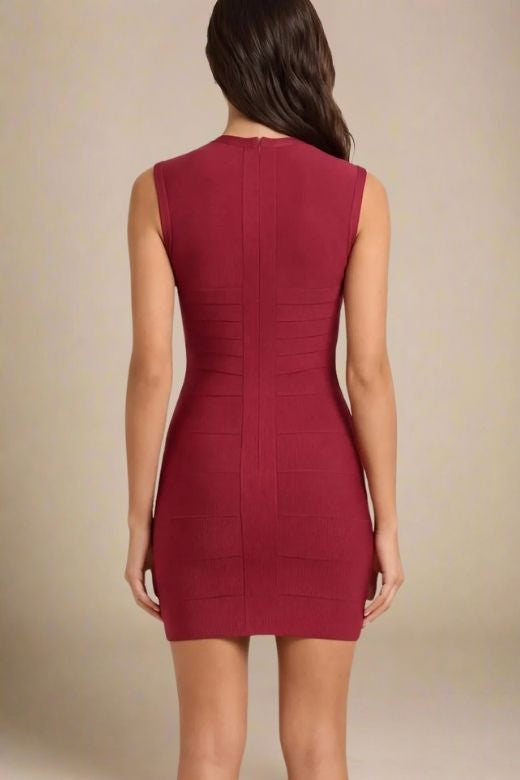 Woman wearing a figure flattering  Alora Bandage Mini Dress - Red Wine BODYCON COLLECTION Pty Ltd