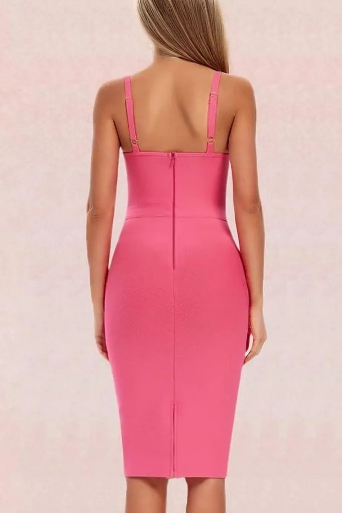 Woman wearing a figure flattering  Amber Bandage Dress - Hot Pink Bodycon Collection
