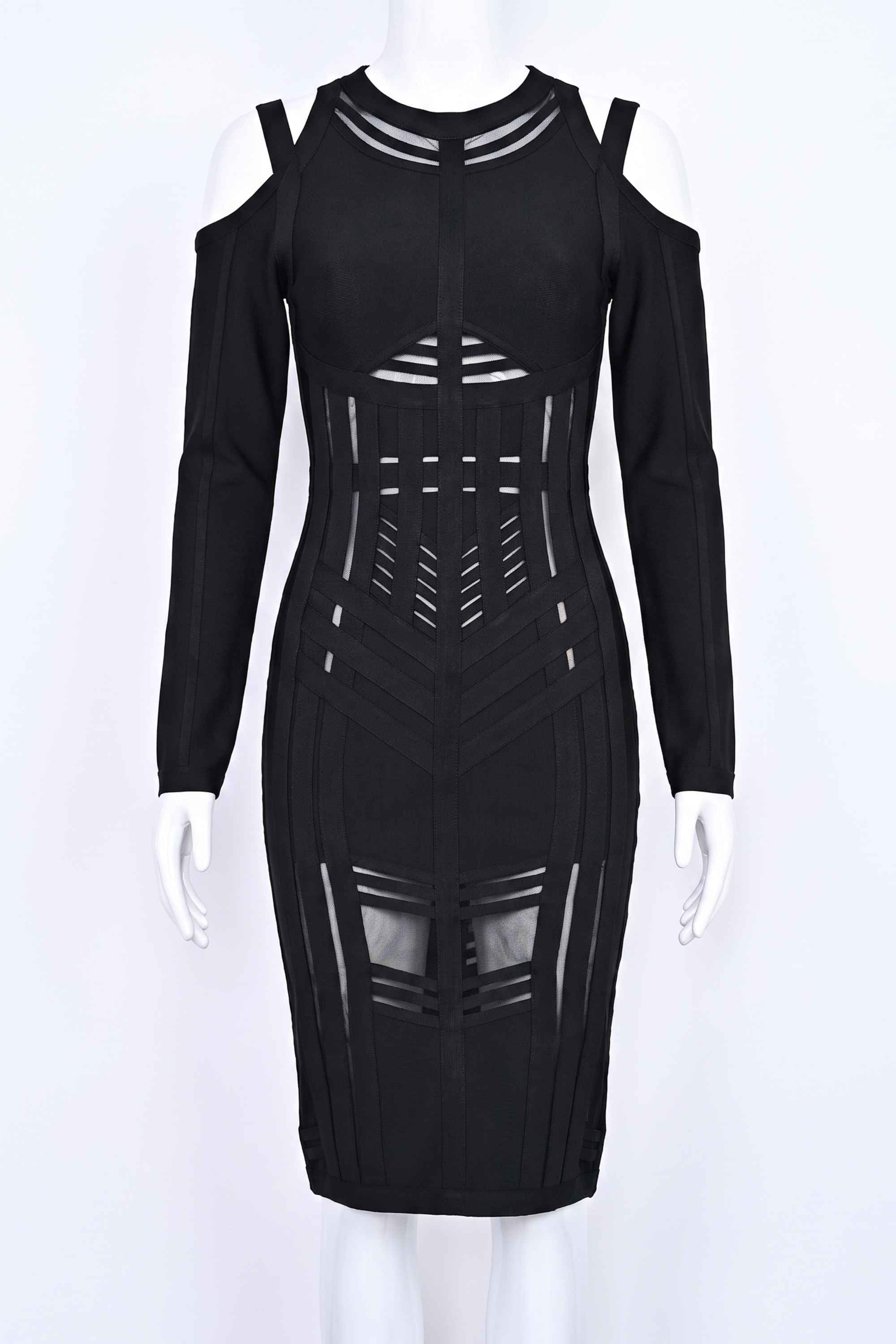 Woman wearing a figure flattering  Amelia Long Sleeve Bandage Dress - Classic Black BODYCON COLLECTION