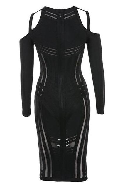 Woman wearing a figure flattering  Amelia Long Sleeve Bandage Dress - Classic Black BODYCON COLLECTION
