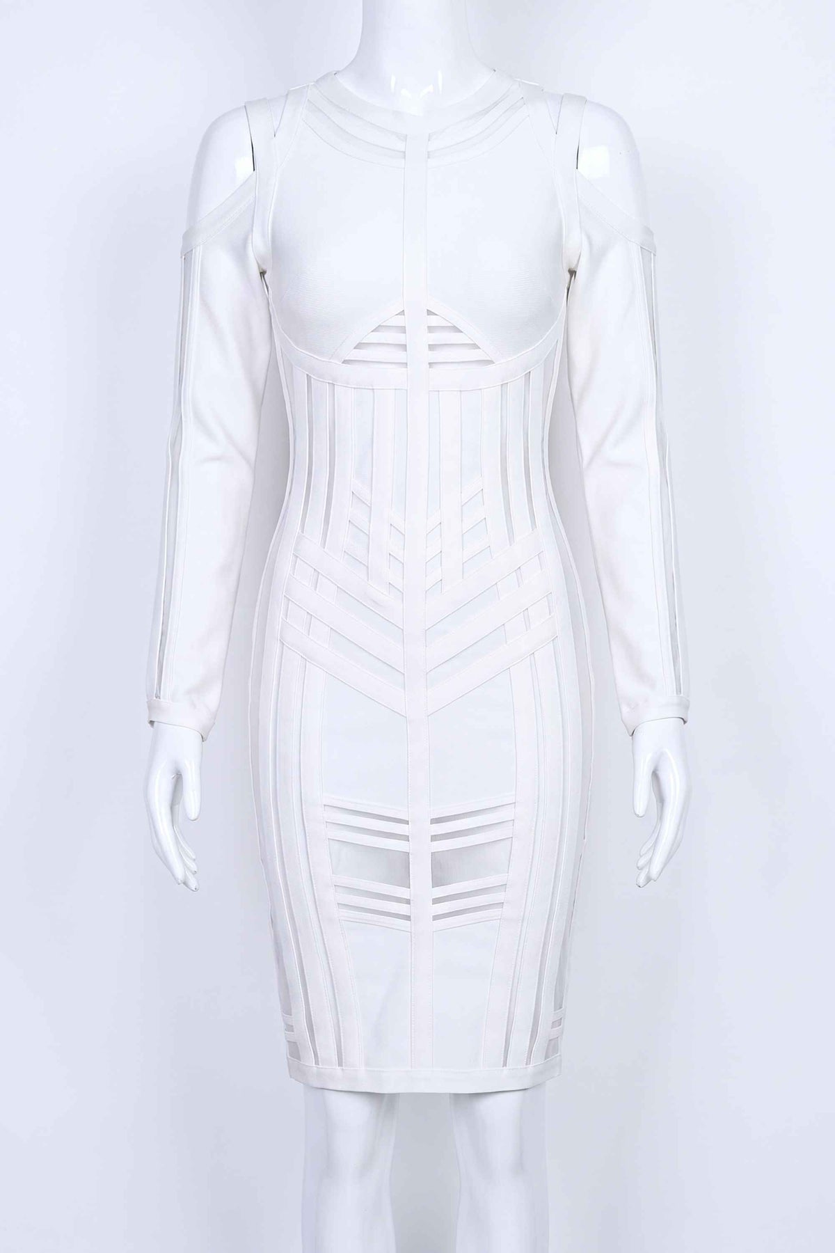 Woman wearing a figure flattering  Amelia Long Sleeve Bandage Dress - Pearl White BODYCON COLLECTION