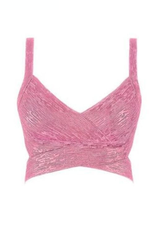 Woman wearing a figure flattering  Ang Bandage Metallic Crop Top - Hot Pink BODYCON COLLECTION