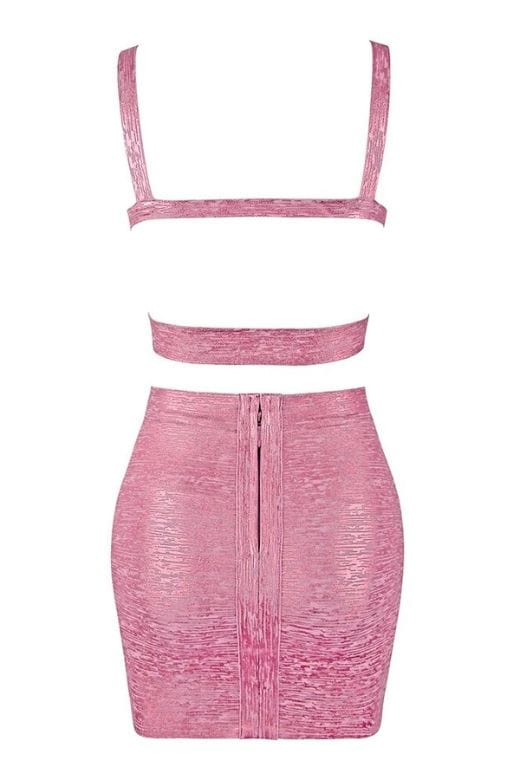 Woman wearing a figure flattering  Ang Bandage Top and Mini Skirt Set - Metallic Pink BODYCON COLLECTION