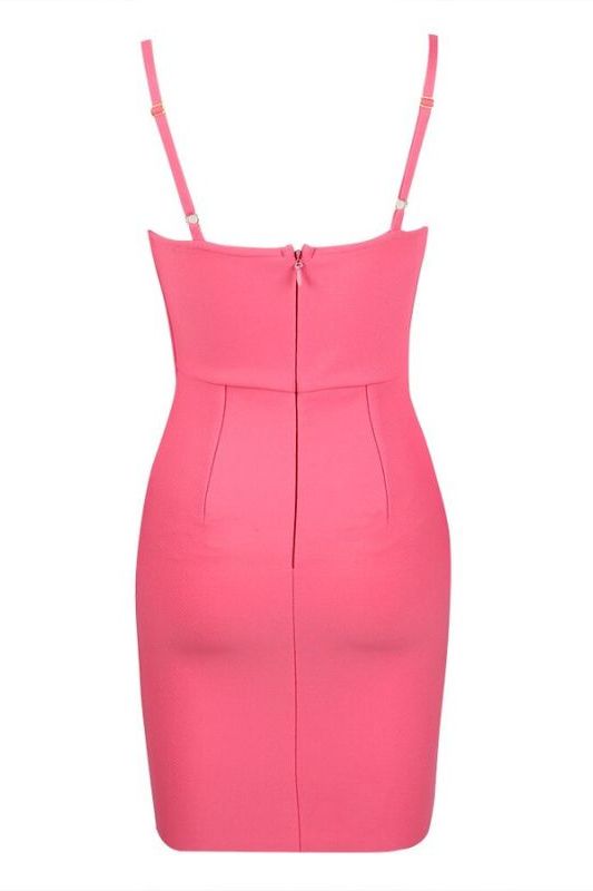 Woman wearing a figure flattering  Ariel Bandage Mini Dress - Hot Pink BODYCON COLLECTION