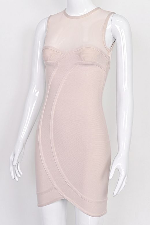 Woman wearing a figure flattering  Aspen Bodycon Mini Dress - Nude BODYCON COLLECTION Pty Ltd