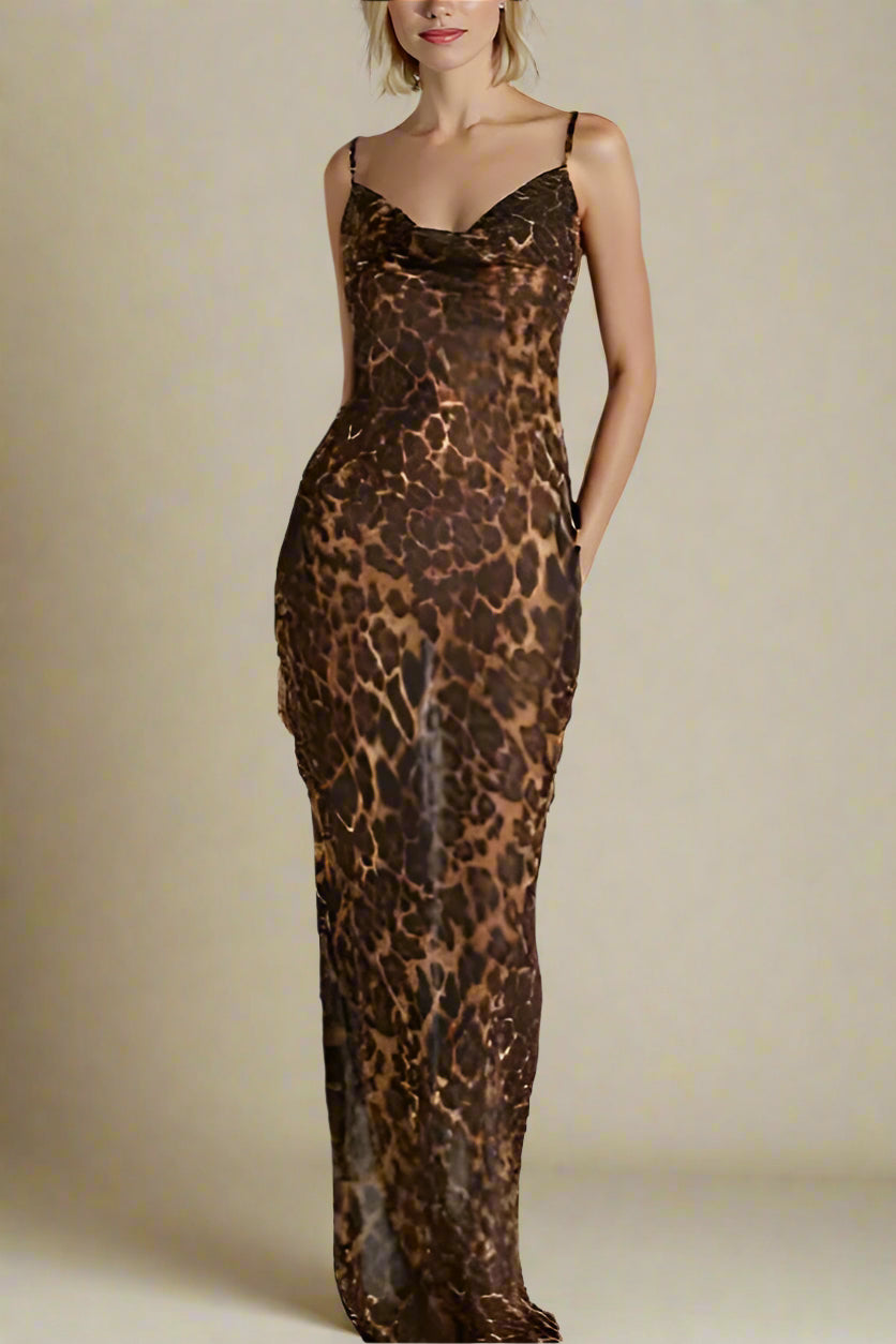 Woman wearing a figure flattering  Athena Bodycon Maxi Dress - Leopard Print Yellow BODYCON COLLECTION