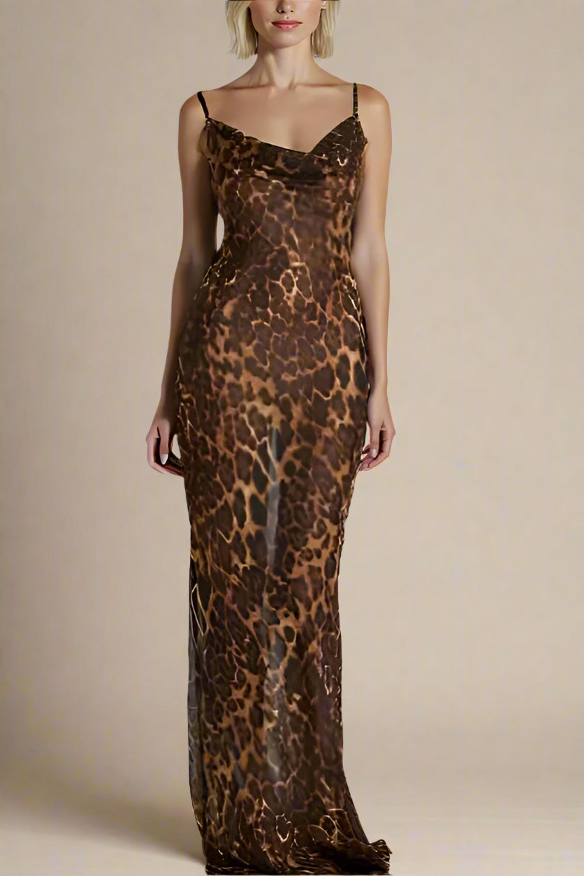 Woman wearing a figure flattering  Athena Bodycon Maxi Dress - Leopard Print Yellow BODYCON COLLECTION
