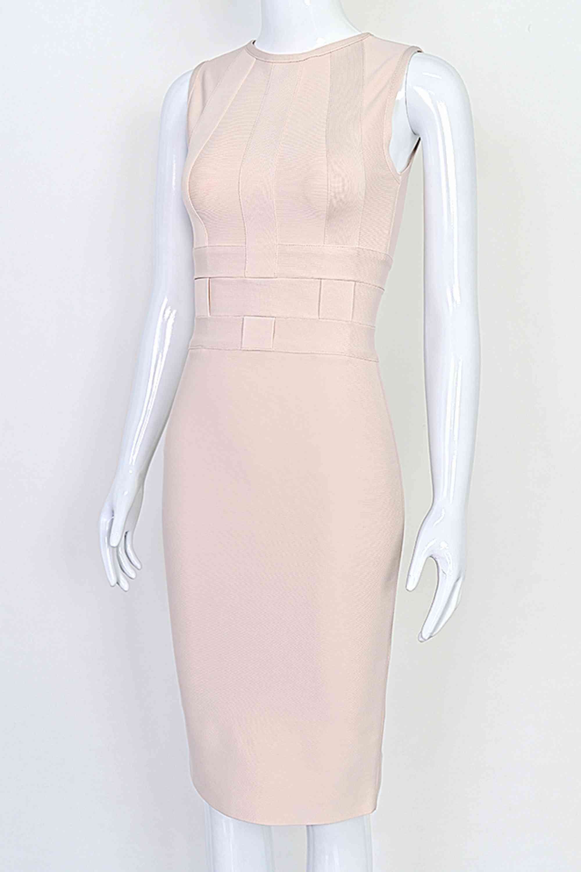 Woman wearing a figure flattering  Aurora Bandage Dress - Cream BODYCON COLLECTION Pty Ltd