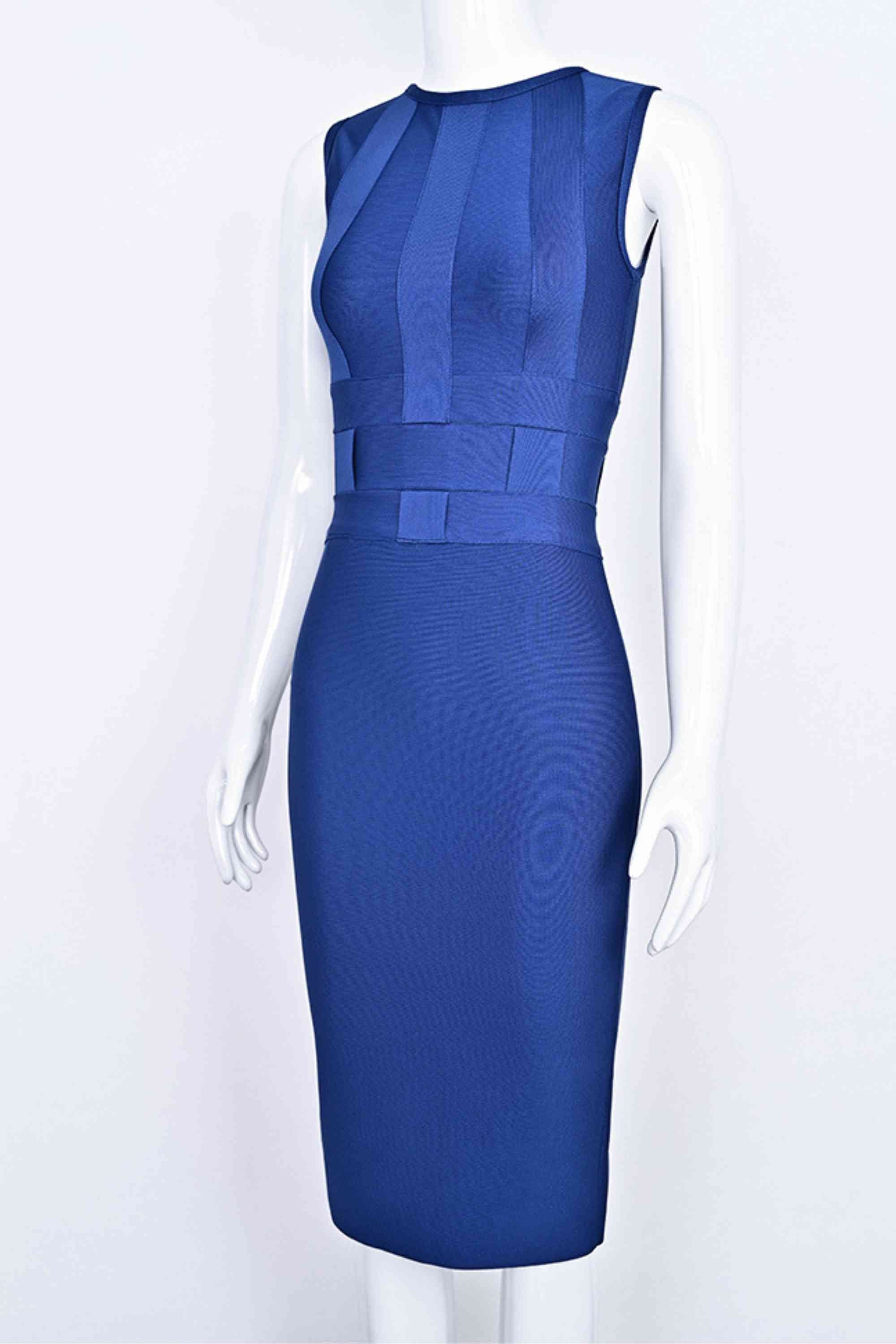 Woman wearing a figure flattering  Aurora Bandage Dress - Navy Blue BODYCON COLLECTION Pty Ltd