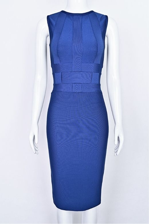 Woman wearing a figure flattering  Aurora Bandage Dress - Navy Blue BODYCON COLLECTION Pty Ltd