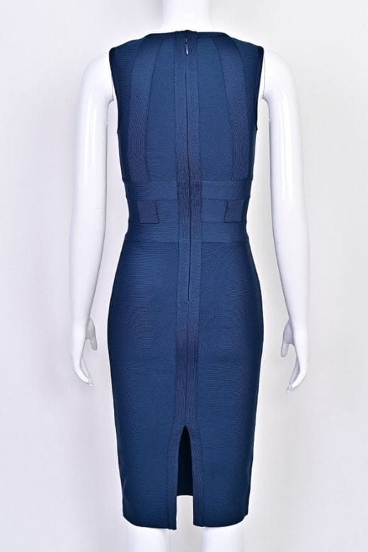 Woman wearing a figure flattering  Aurora Bandage Dress - Navy Blue BODYCON COLLECTION Pty Ltd