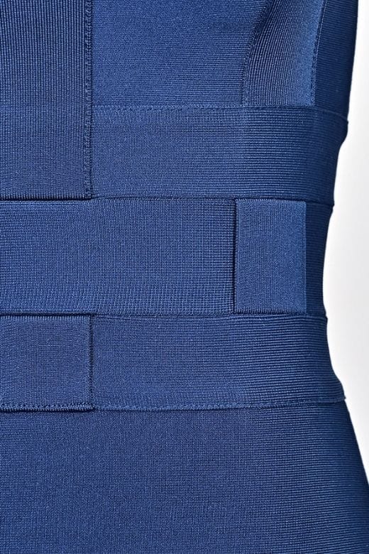 Woman wearing a figure flattering  Aurora Bandage Dress - Navy Blue BODYCON COLLECTION Pty Ltd