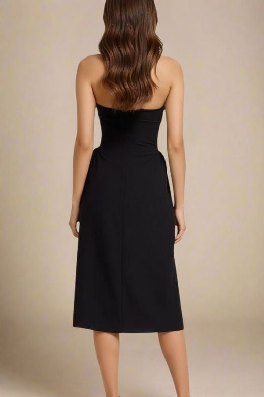 Woman wearing a figure flattering  Austen Bodycon Midi Dress - Classic Black BODYCON COLLECTION
