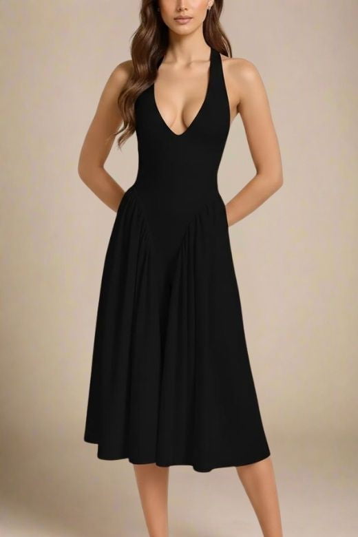 Woman wearing a figure flattering  Austen Bodycon Midi Dress - Classic Black BODYCON COLLECTION