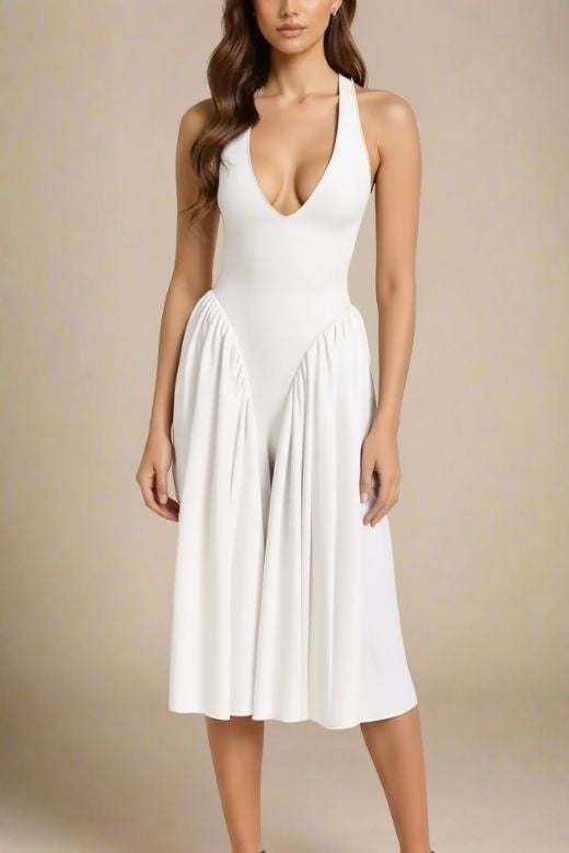 Woman wearing a figure flattering  Austen Bodycon Midi Dress - White Pearl BODYCON COLLECTION