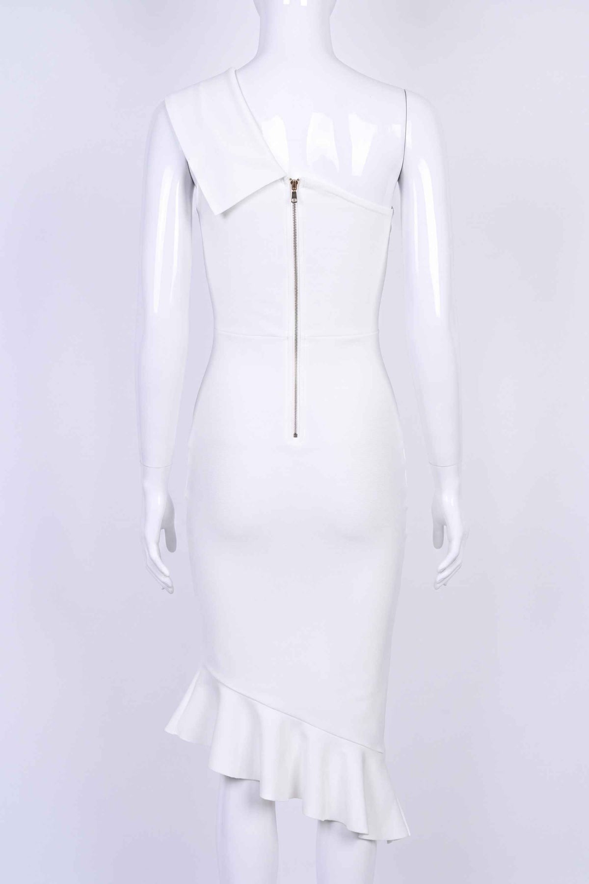Woman wearing a figure flattering  Avery Bandage Dress - White Pearl BODYCON COLLECTION