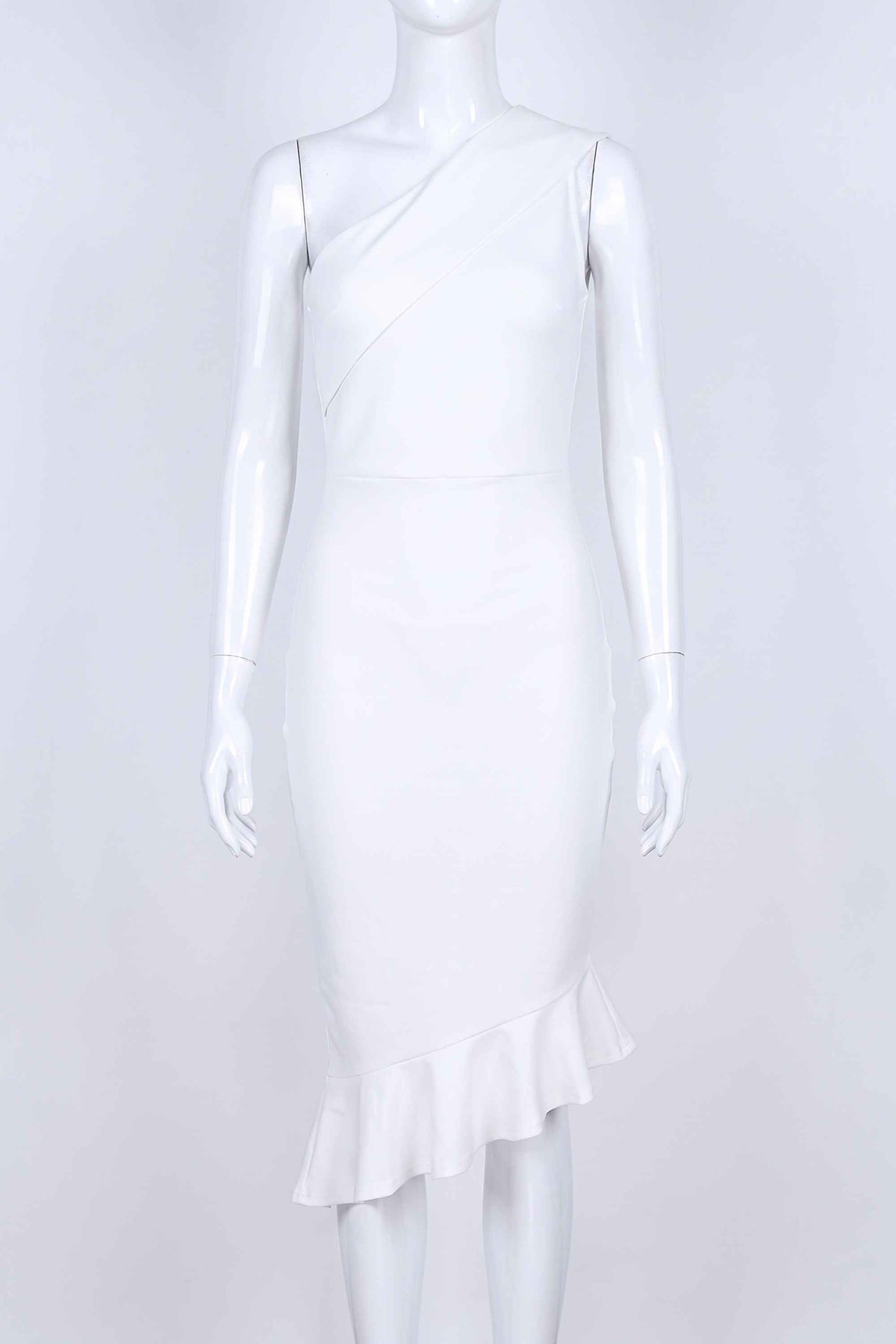 Woman wearing a figure flattering  Avery Bandage Dress - White Pearl BODYCON COLLECTION