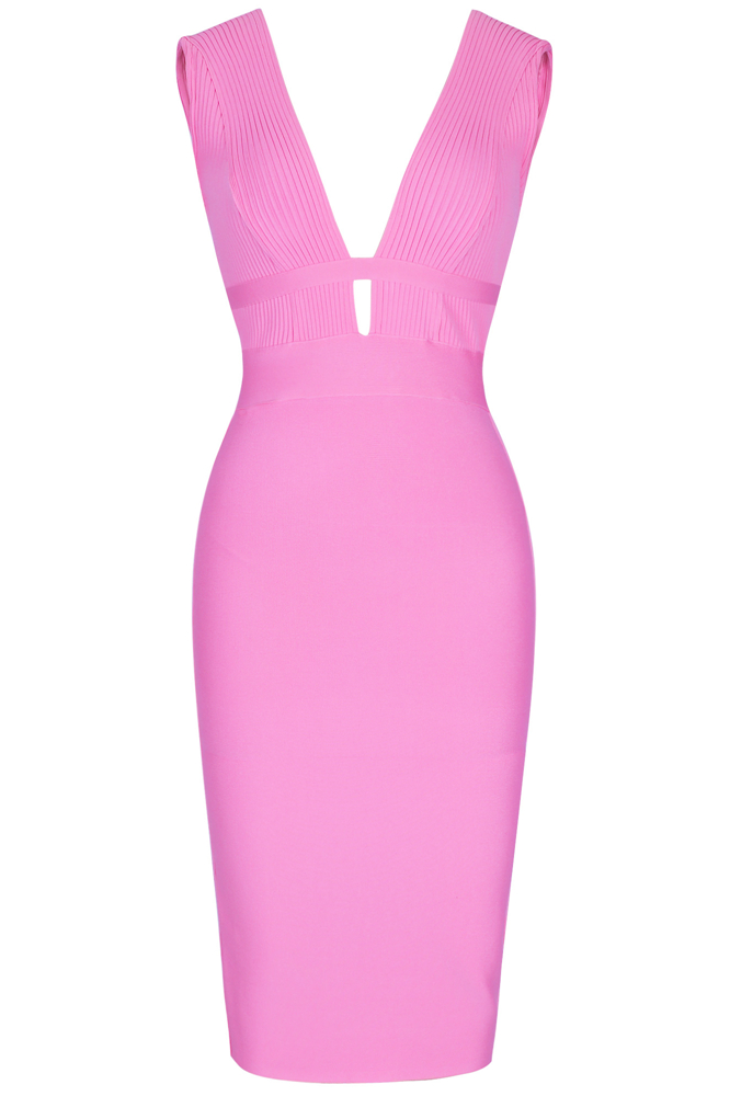 Woman wearing a figure flattering  Bay Bandage Dress - Blush Pink Bodycon Collection