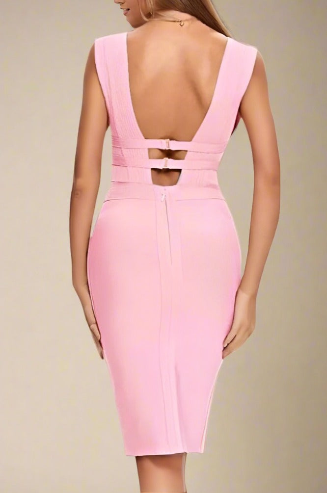 Woman wearing a figure flattering  Bay Bandage Dress - Blush Pink Bodycon Collection