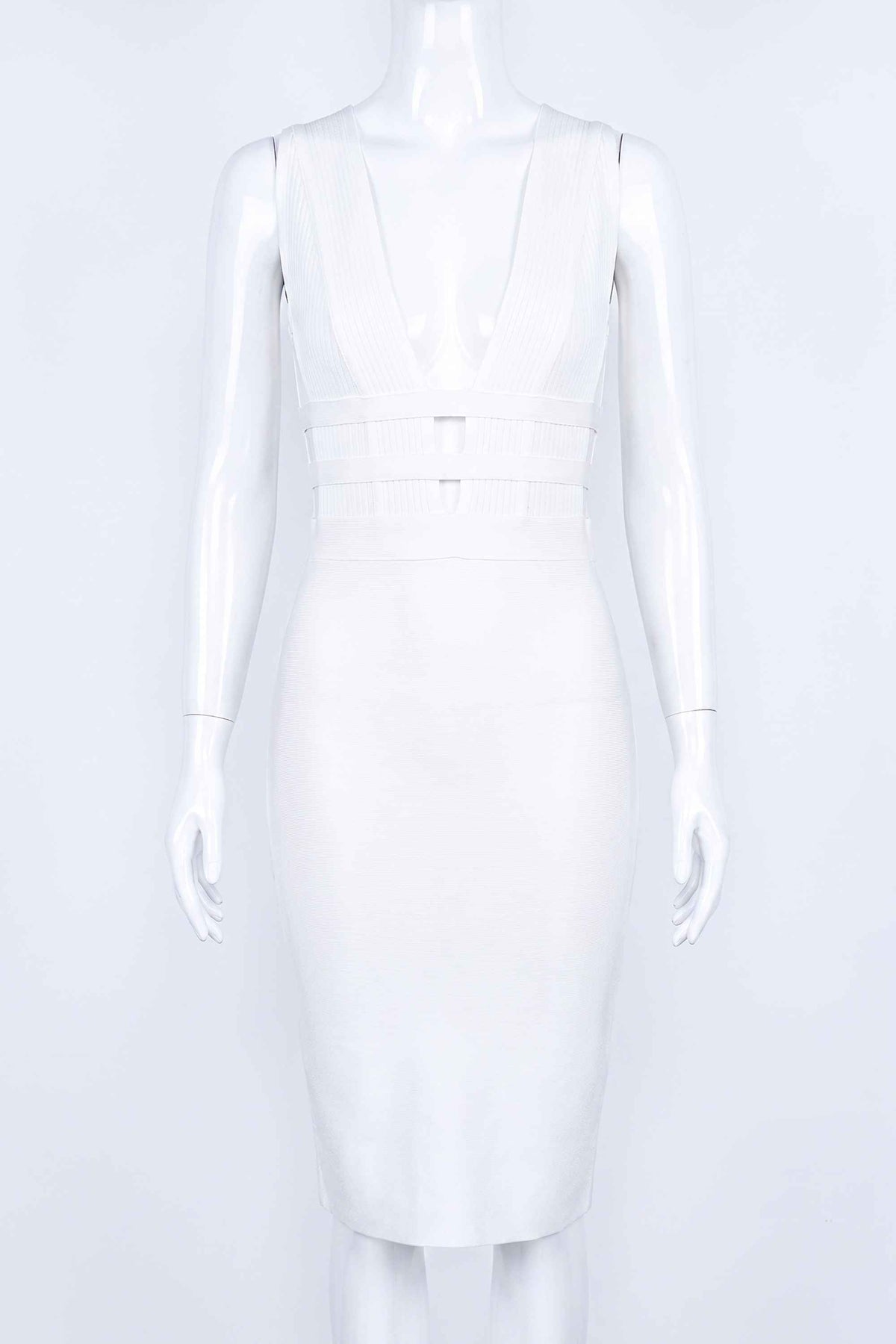 Woman wearing a figure flattering  Bay Bandage Dress - Pearl White Bodycon Collection