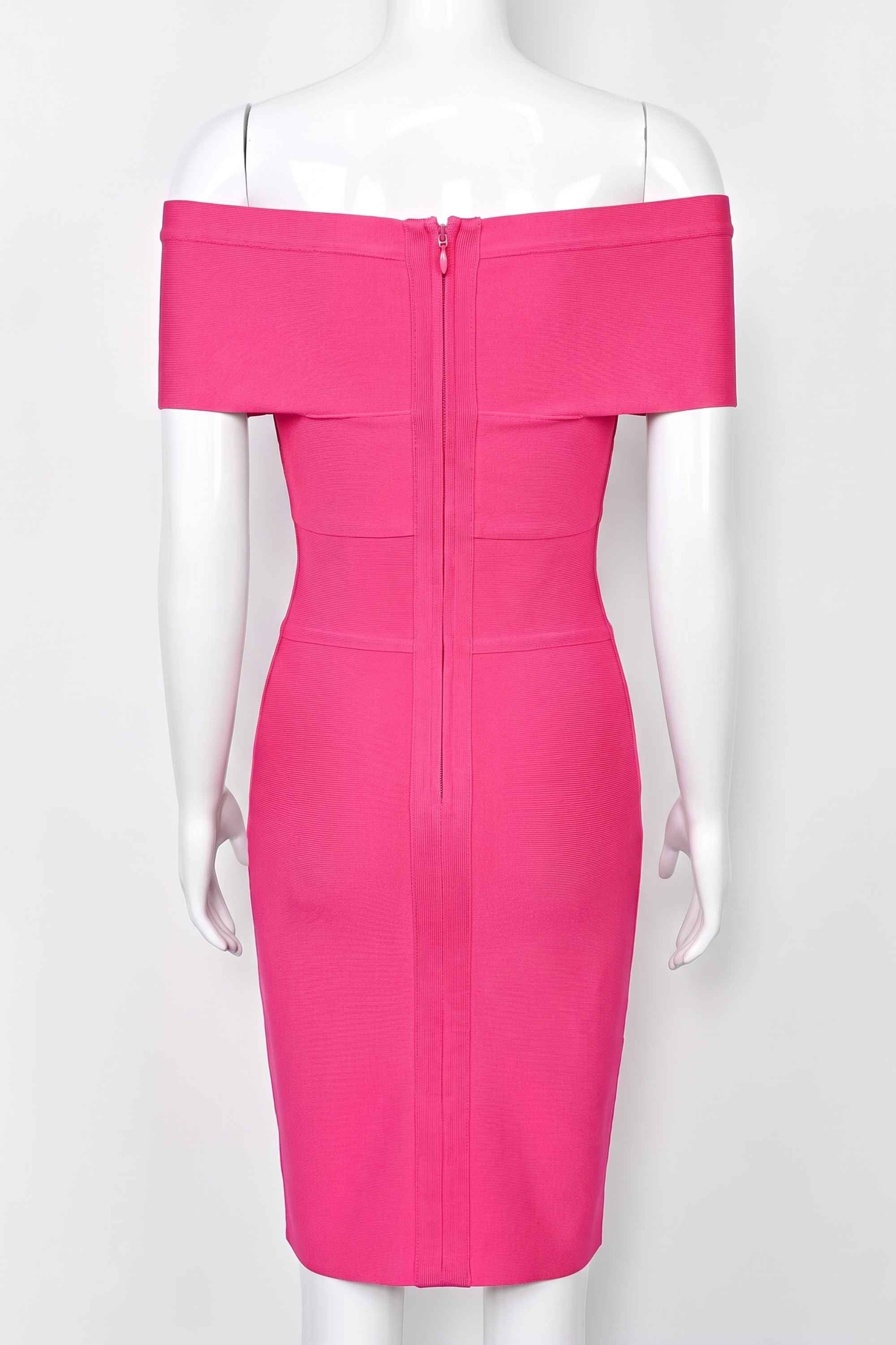 Woman wearing a figure flattering  Bea Bandage Dress - Hot Pink Bodycon Collection