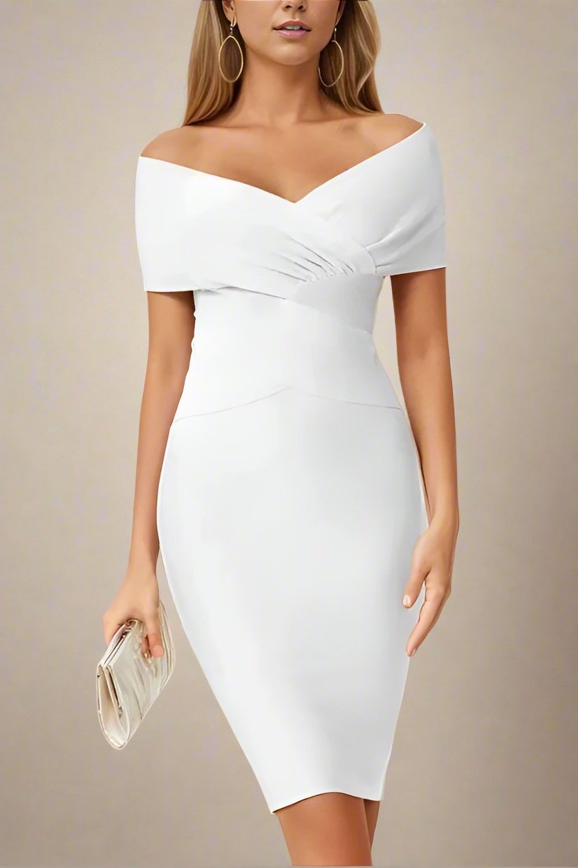 Woman wearing a figure flattering  Bea Bandage Dress - Pearl White Bodycon Collection